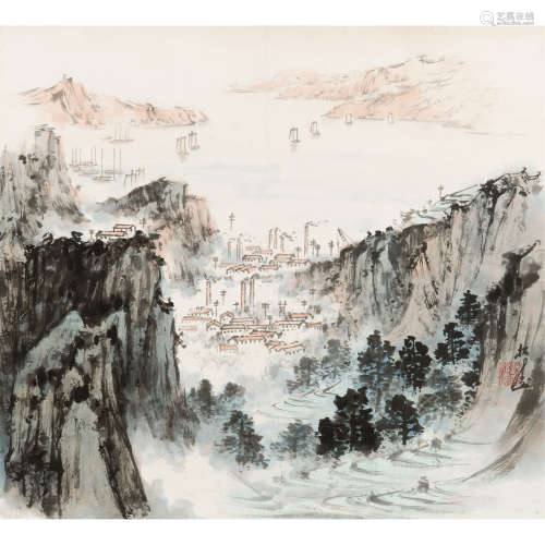 赵松涛 （1916-1993） 山水 纸本设色 镜框