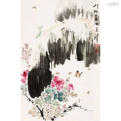 萧朗 （1917-2010） 芭蕉月季 纸本设色 托片