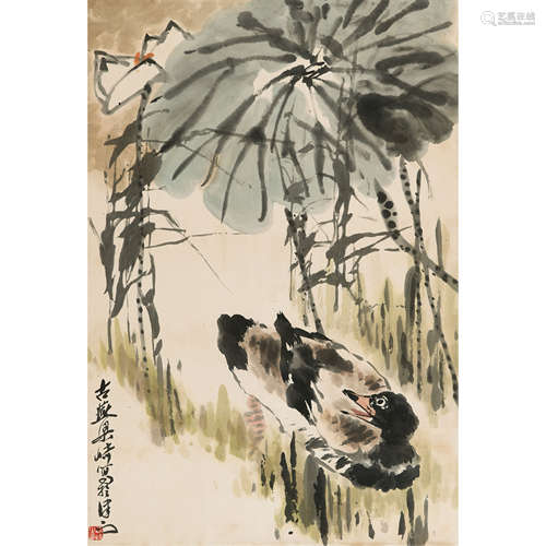 梁崎 （1909-1996） 荷塘鸭趣 纸本设色 立轴