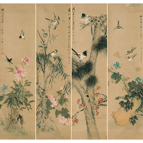 朱梦庐 （1826-1900） 花鸟四屏 纸本设色 立轴