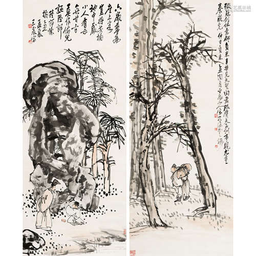 王一亭 （1867-1938） 人物对屏 纸本设色 立轴