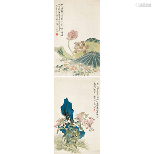 陈刚叔 （1875-1935） 花卉对屏 绢本设色 镜心