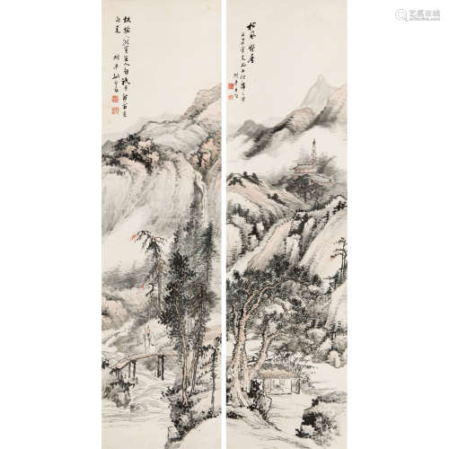 姚钟葆 （?-1924） 山水对屏 纸本设色 立轴