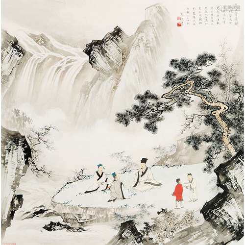 张洪千 （b.1941） 高士赏景图 纸本设色 镜框