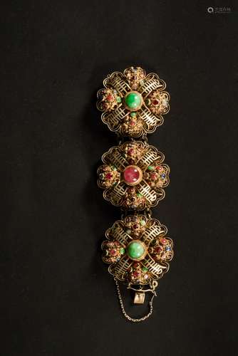 A silver filigree bracelet with semi-precious stones inlays,  ...