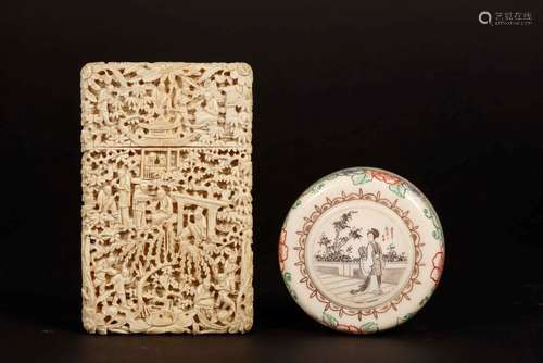 A carved ivory Canton card case and a small painted box and  ...