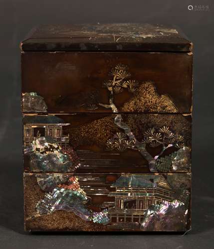 A lacquered wood bento with landscapes, China, Qing Dynasty,  ...