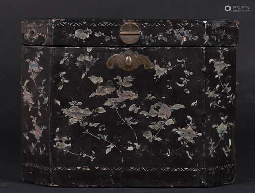 A lac-burgauté and mother-of-pearl tea caddy with naturalistic  ...