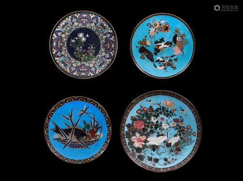 Four enamelled dishes with naturalistic decoration, Japan,  ...