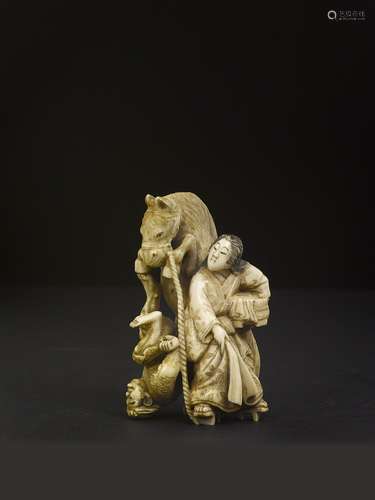 A carved ivory group with two countrymen and a horse, Japan,  ...