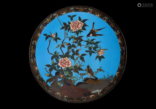 A large cloisonné-enamelled dish with flowers and birds, Japan,  ...