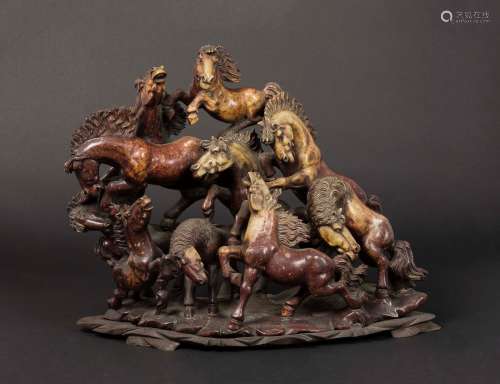 A large soapstone rampant horses group, China, Qing Dynasty,  ...