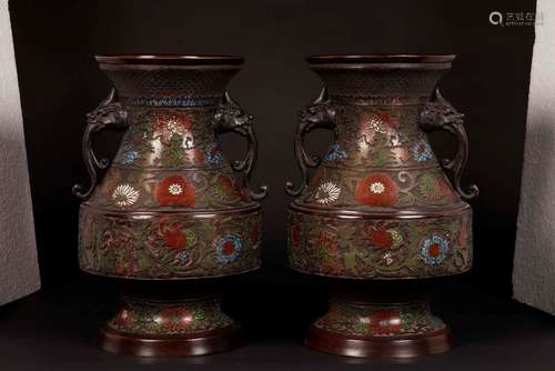 A pair of enamelled bronze vases with flowers, Japan, 19th  ...