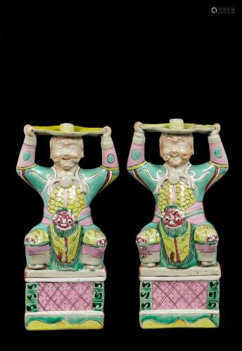 Two polychrome enamelled porcelain candlestick, China, Qing  ...
