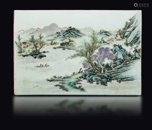 A polychrome enamelled porcelain plaque with landscape, China,  ...