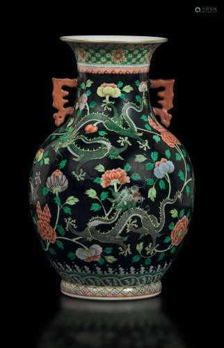 A Famille-Noir porcelain vase with dragons and flowers, China,  ...