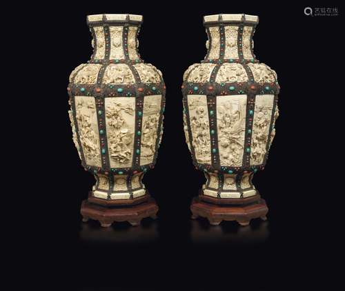 A large and rare pair of ocatagonal ivory vases with silver  ...