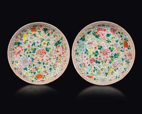 A pair of polychrome enamelled milleflor-ground porcelain  ...