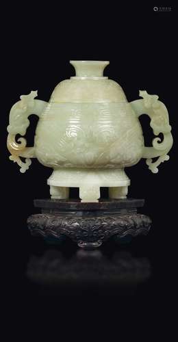 A large white jade censer and cover with an archaic style  ...