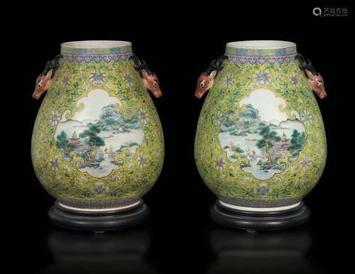 A pair of yellow-ground polychrome enamelled porcelain vases  ...