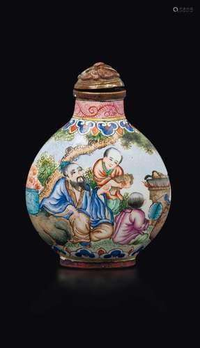 A Canton enamelled snuff bottle with wise men, China, Republic,  ...