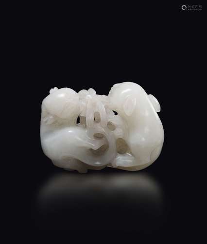 A white jade two cats and dragonfly group, China, Qing Dynasty,  ...