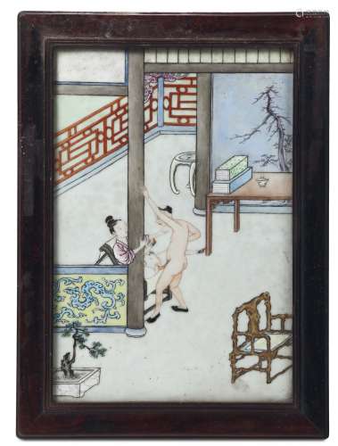 A polychrome enamelled porcelain erotic plaque, China, Qing  ...