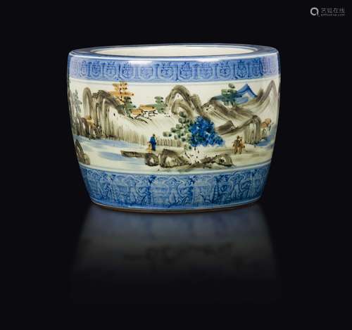 A polychrome enamelled porcelain cachepot with landscape,  ...