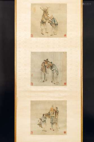 Three framed watercolors depicting common life scenes, China,  ...