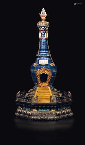 A large lapis lazuli stupa with gilt bronze details and a  ...