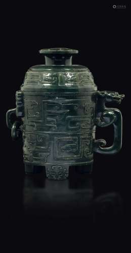 A spinach green jade archaic shape and style vase and cover,  ...