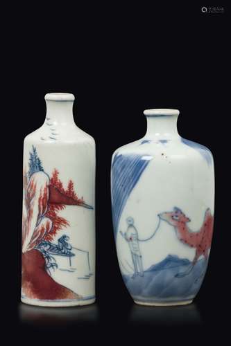 Two blue and white underglaze iron-red snuff bottles, China,  ...