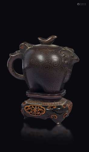 A small Shisou bronze teapot with silver inlays depicting  ...