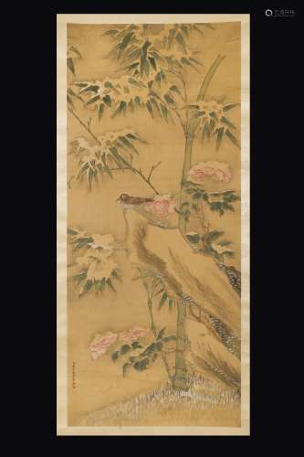 A painting on paper depicting sparrow between flowers and  ...
