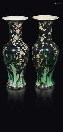 Two large Famille-Noir vases with birds and prunus branches,  ...