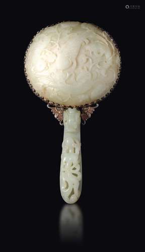 A white jade mirror with dragon belthook handle, China, Qing  ...