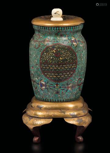 A small cloisonn?enamel vase with lacquer stand, Japan, Meiji  ...