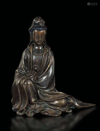 A Shisou bronze figure of Guanyin with silver inlays, China,  ...