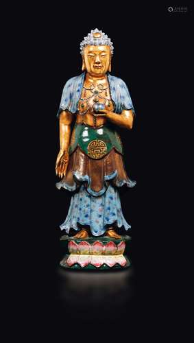 A polychrome and gilt enamelled porcelain figure of a standing  ...