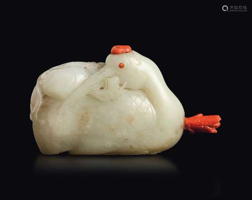 A white jade crane snuff bottle with coral details, China,  ...