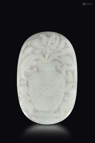 A white jade plaque with flower pot in relief, China, Qing  ...