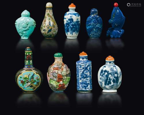 Nine snuff bottles: two closionn? four porcelain, two lapis  ...