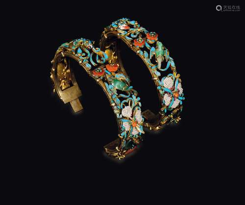 Two gilt silver bracelets with coral, turquoise and jadeite  ...