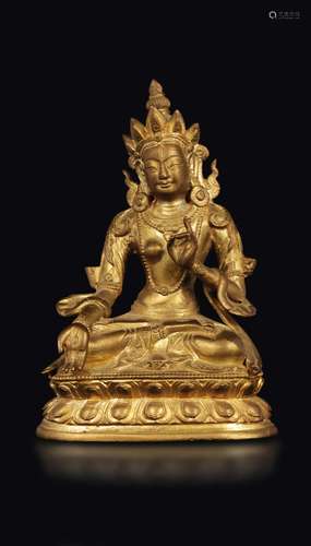 A gilt bronze figure of Amitaya on a double lotus flower,  ...