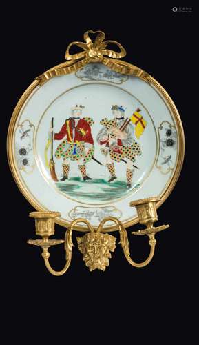 A polychrome enamelled porcelain Scotsman dish with gilt bronze  ...