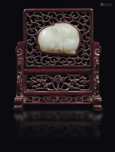 A wooden table screen with white jade horse plaque, China,  ...