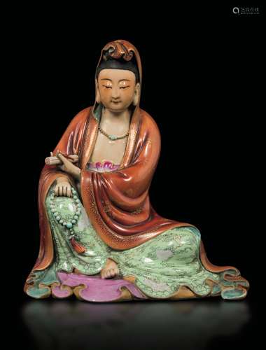 A rare polychrome enamelled porcelain figure of Guanyin, China,  ...