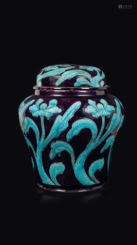 A purple-ground porcelain potiche and cover with light-blue  ...