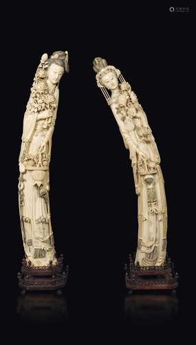 Two large carved ivory figures of Guanyin with roses and flower  ...