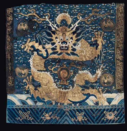 A silk blue-ground cloth embroidered with golden thread depicting  ...